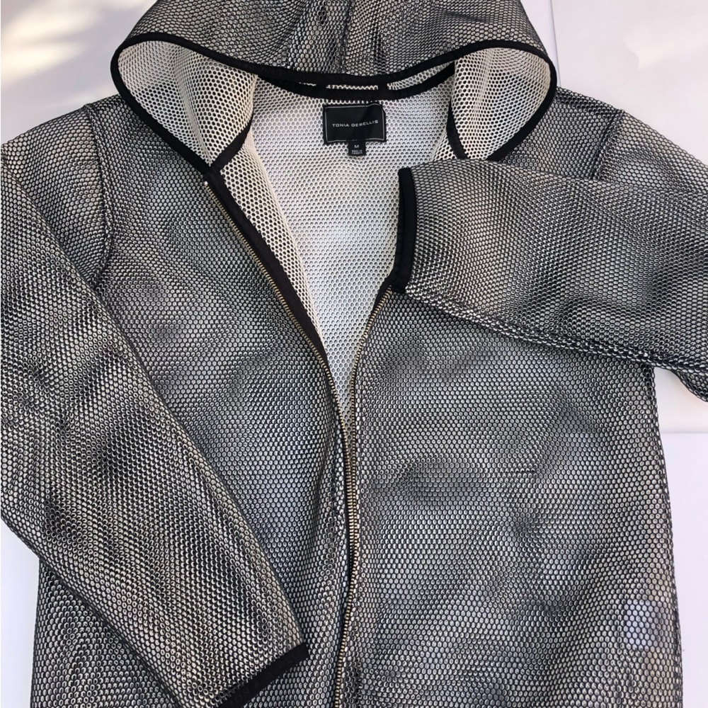 Tonia Debellis silver grey net jacket Designer Longsleeve Mesh Hooded Zip